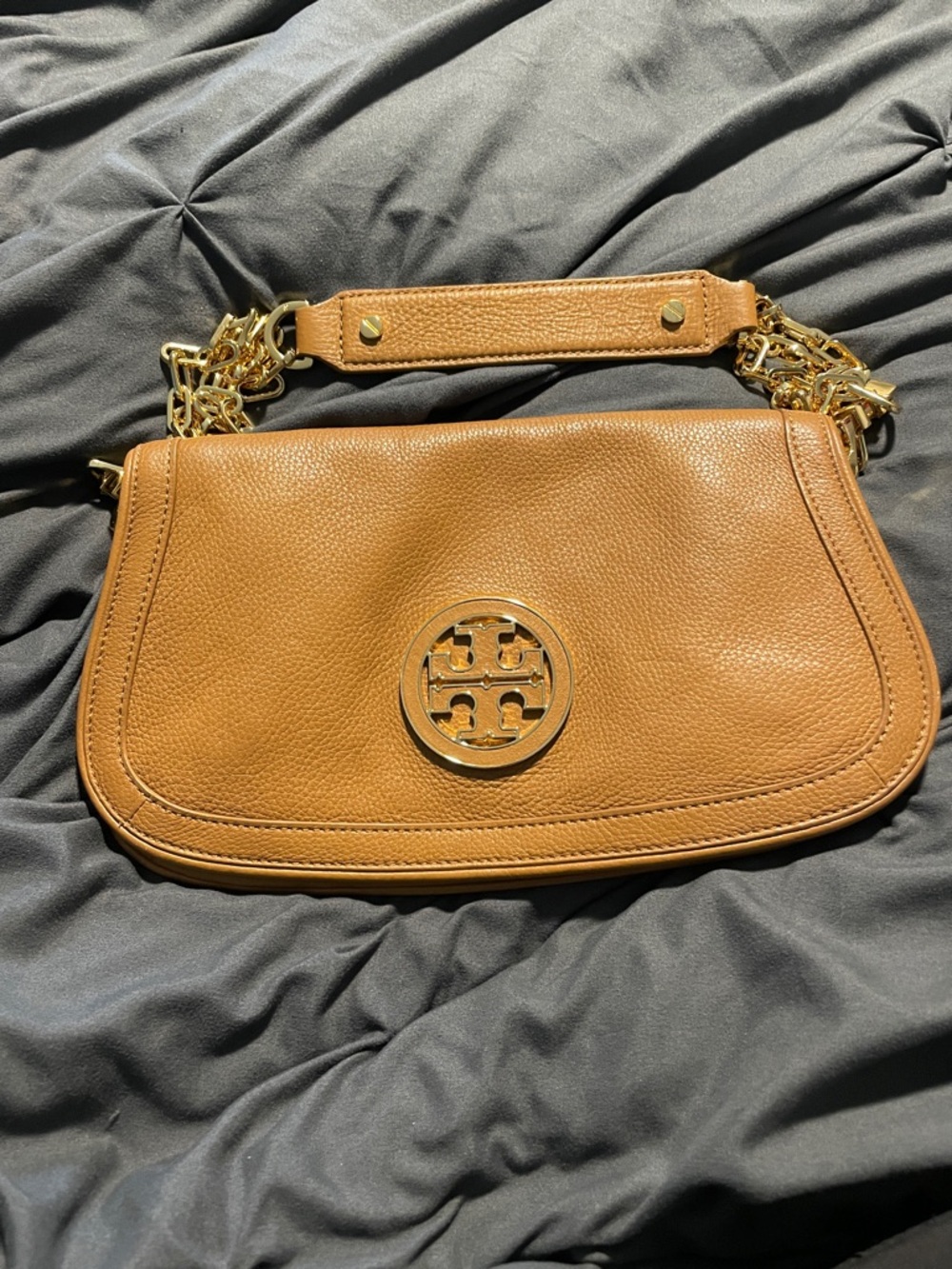 Tory Burch camel color Leather Shoulder Bag with Gold Logo